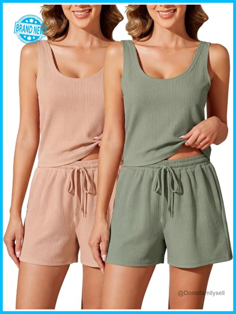 2 Pack Women's Pajama Set Ribbed Knit Tank Top And Shorts Sleeveless Sleepwear